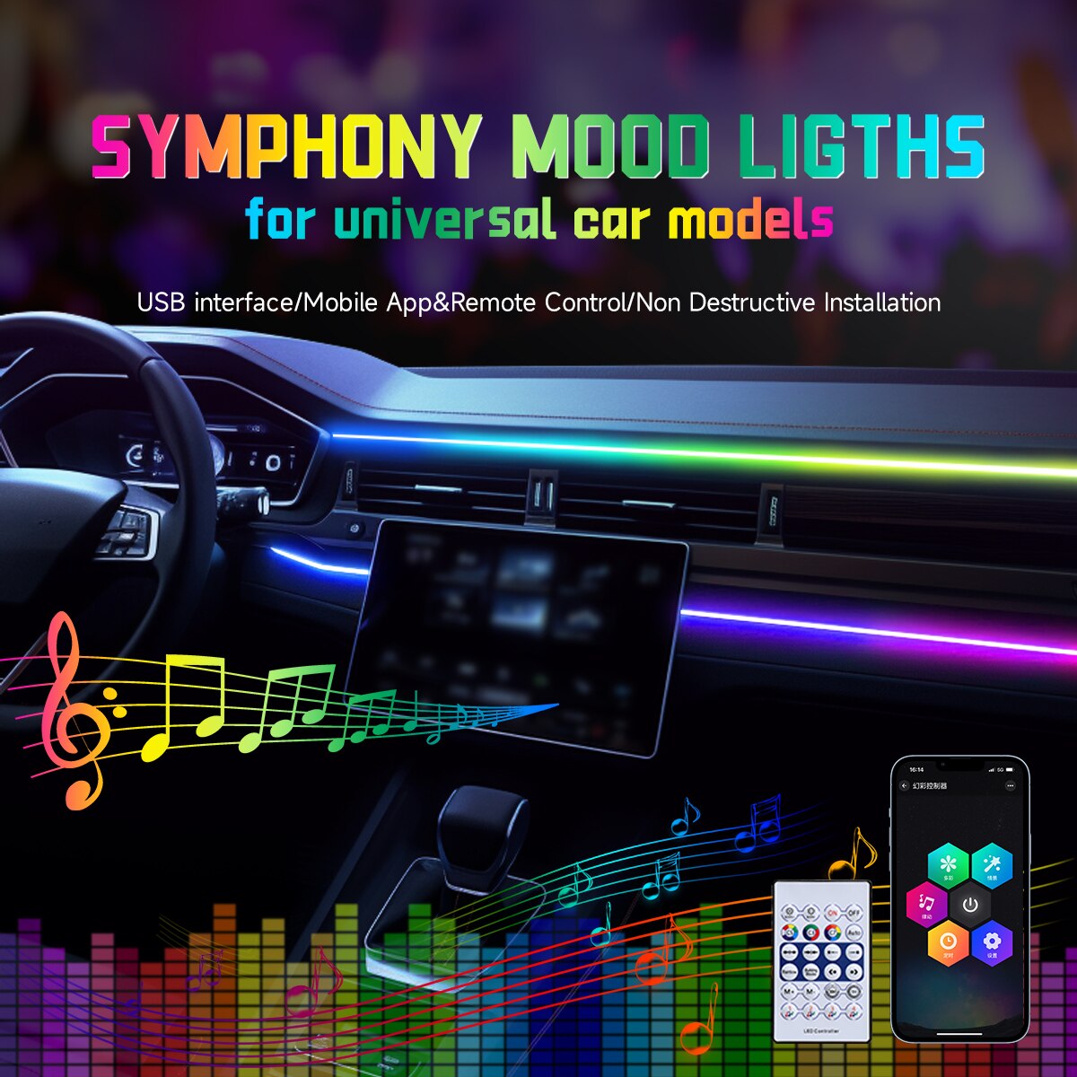 Led Ambient Interior Car Lights App Control - Striscia LED USB per Auto 64